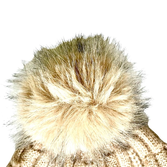 Calvin Klein Hat Tan Knit Beanie W/ Faux Fur Pom Pom Soft Lining - Picture 2 of 6